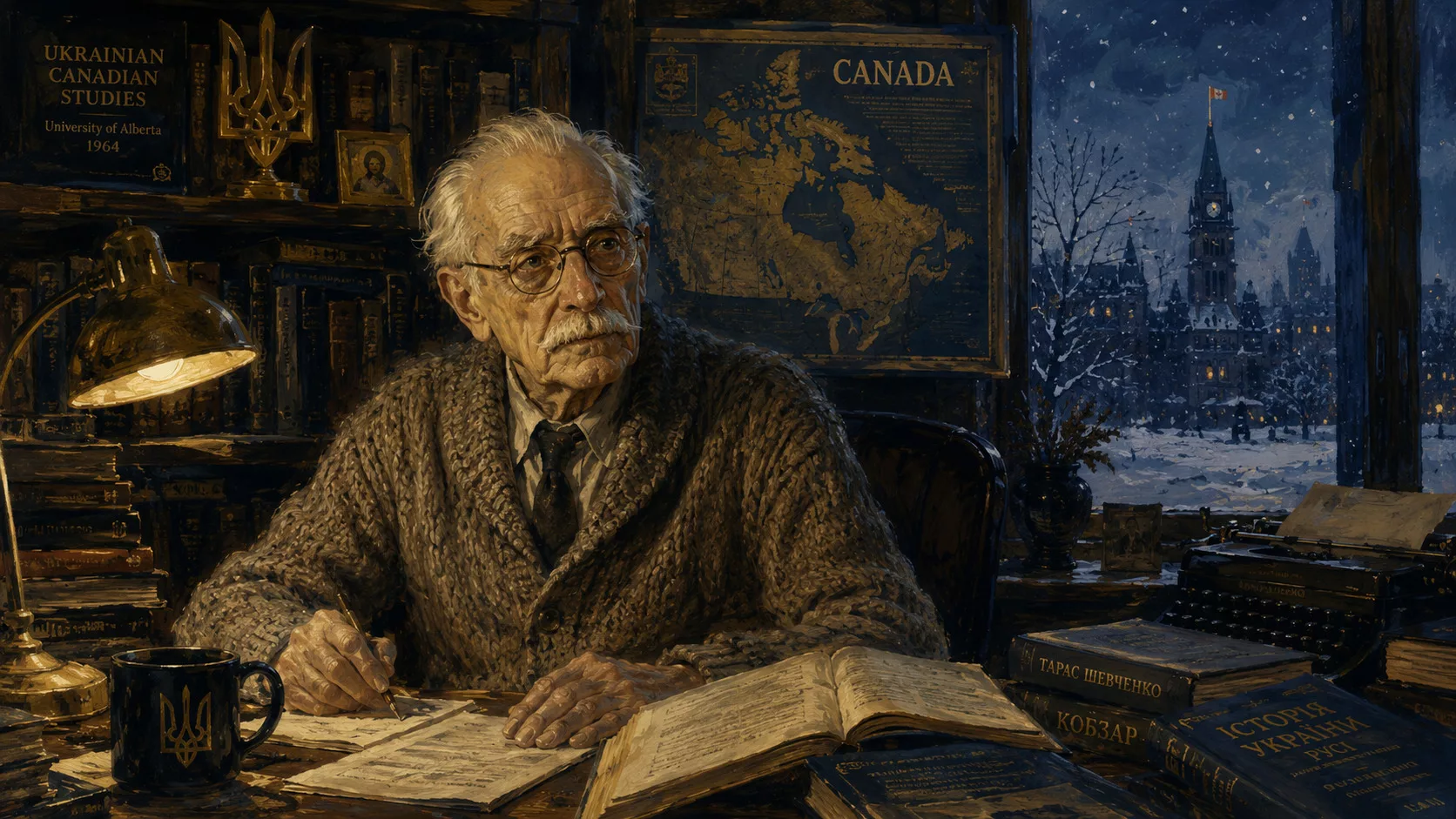 Літній український інтелектуал у Канаді 1960-х за книгами