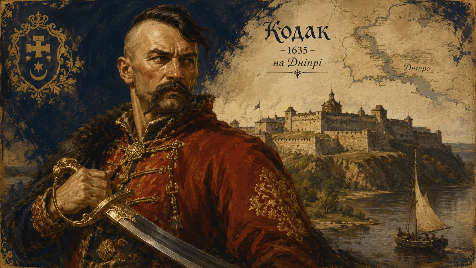 Воєвидний козак XVII століття у червоному кунтуші з шаблею