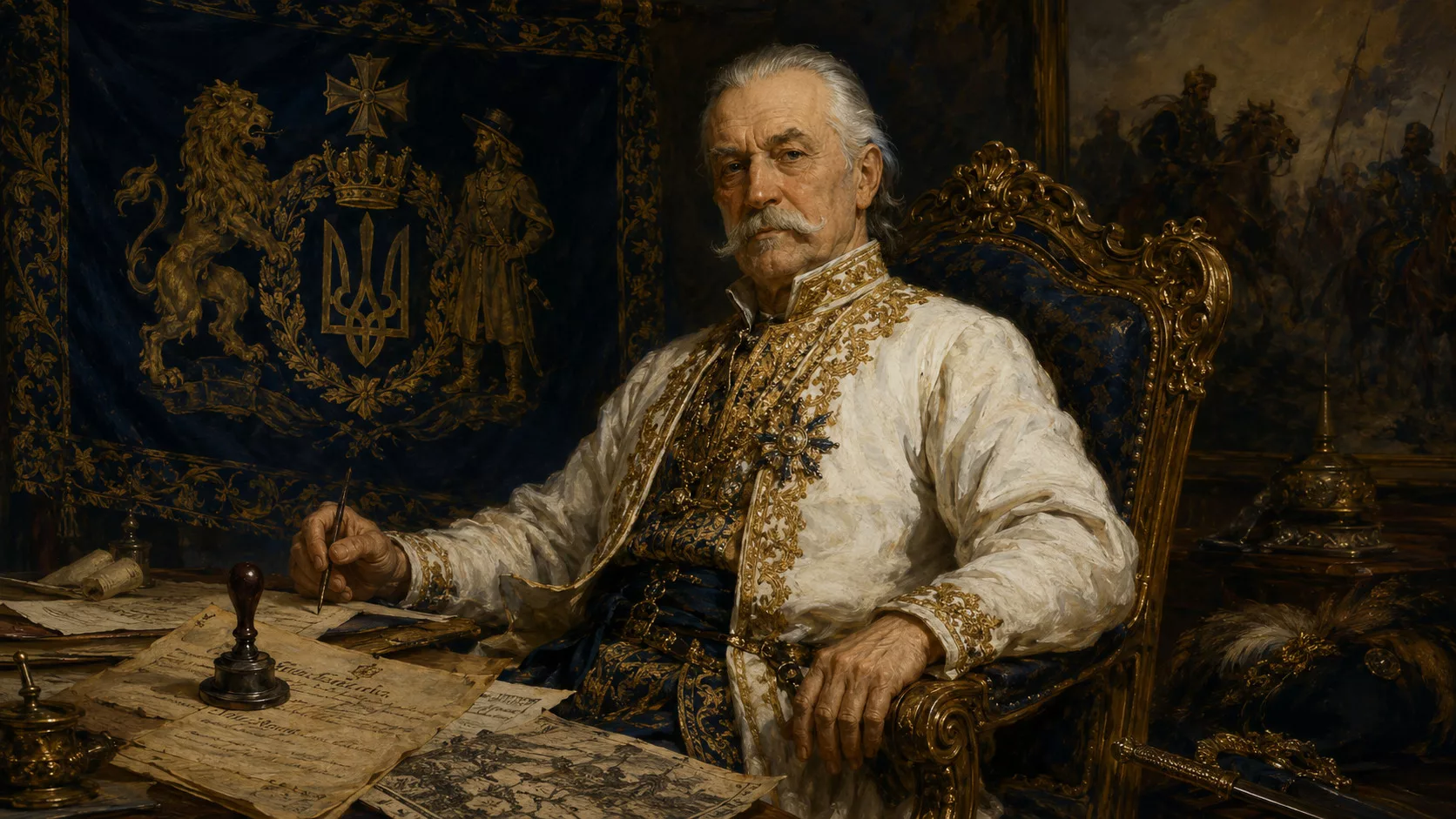 Літній козацький аристократ XVIII століття у білому жупані