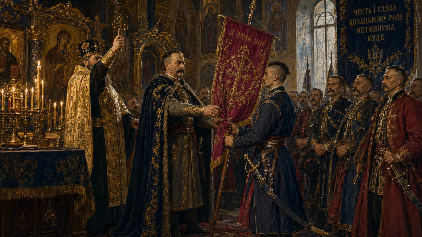 Церемонія передачі козацької хоругви хорунжому у храмі XVIII століття