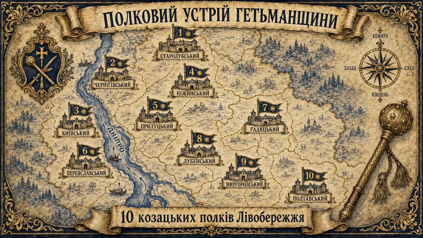 Мапа десяти козацьких полків Гетьманщини Лівобережжя