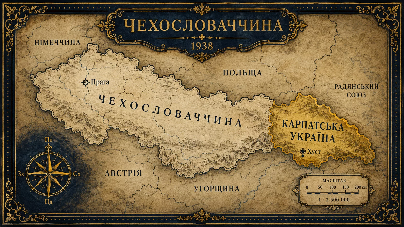 Мапа Чехословаччини 1938 з Підкарпатською Руссю