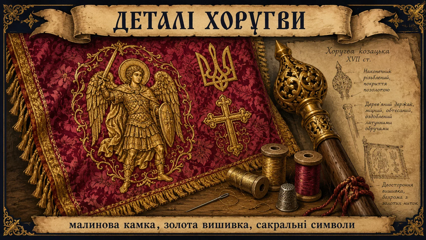 Деталі козацької хоругви: малинова камка, золота вишивка