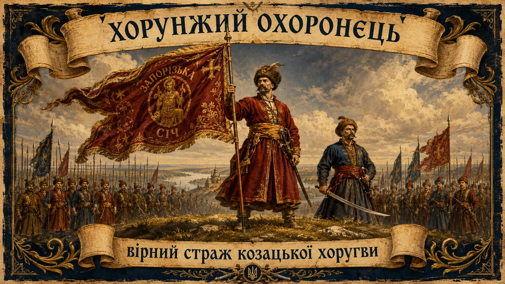 Козацький хорунжий тримає хоругву над військом