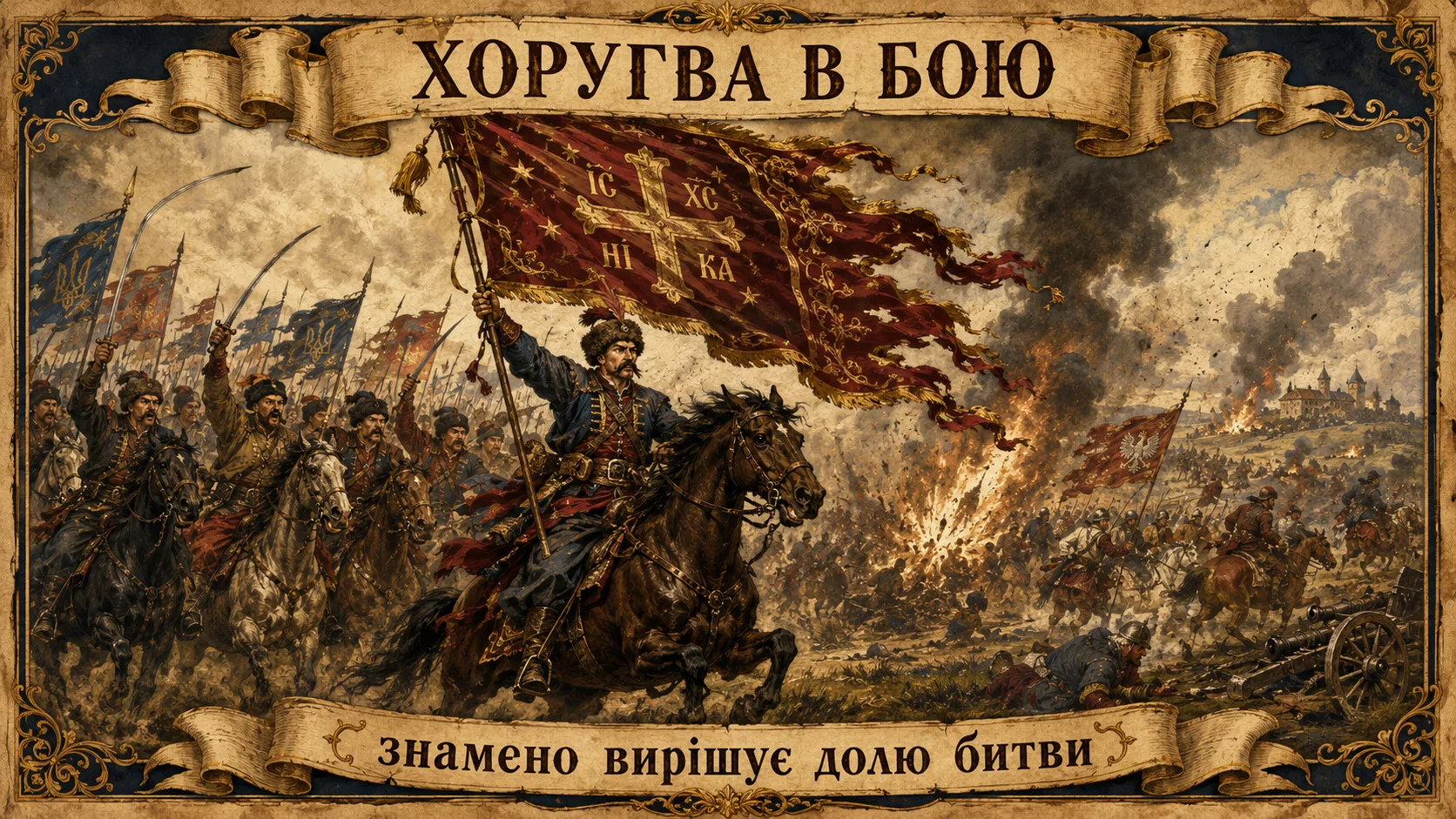 Хорунжий веде козаків у бій з хоругвою