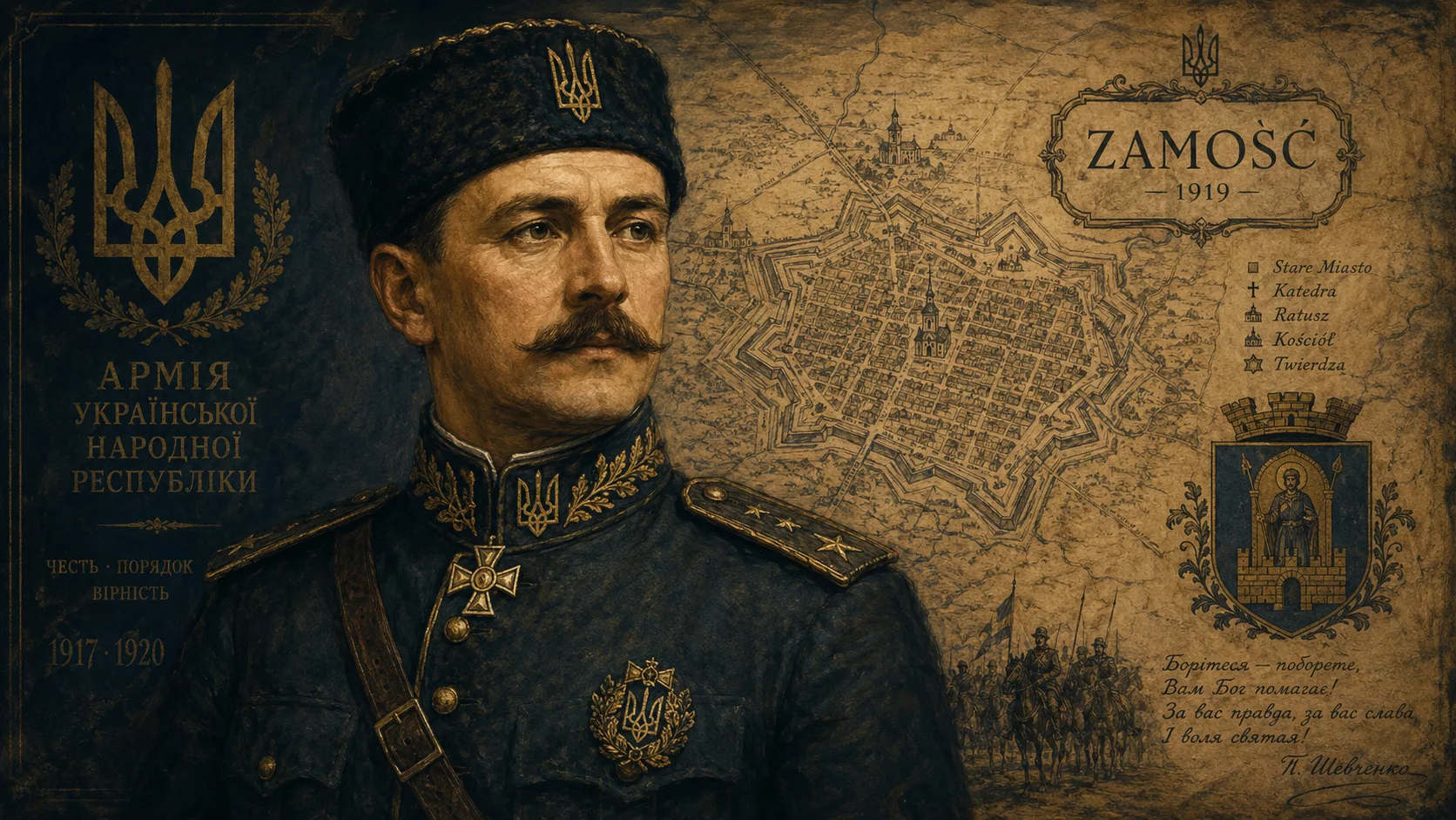 Портрет генерала Армії УНР 1919-1920 у мазепинці з тризубом