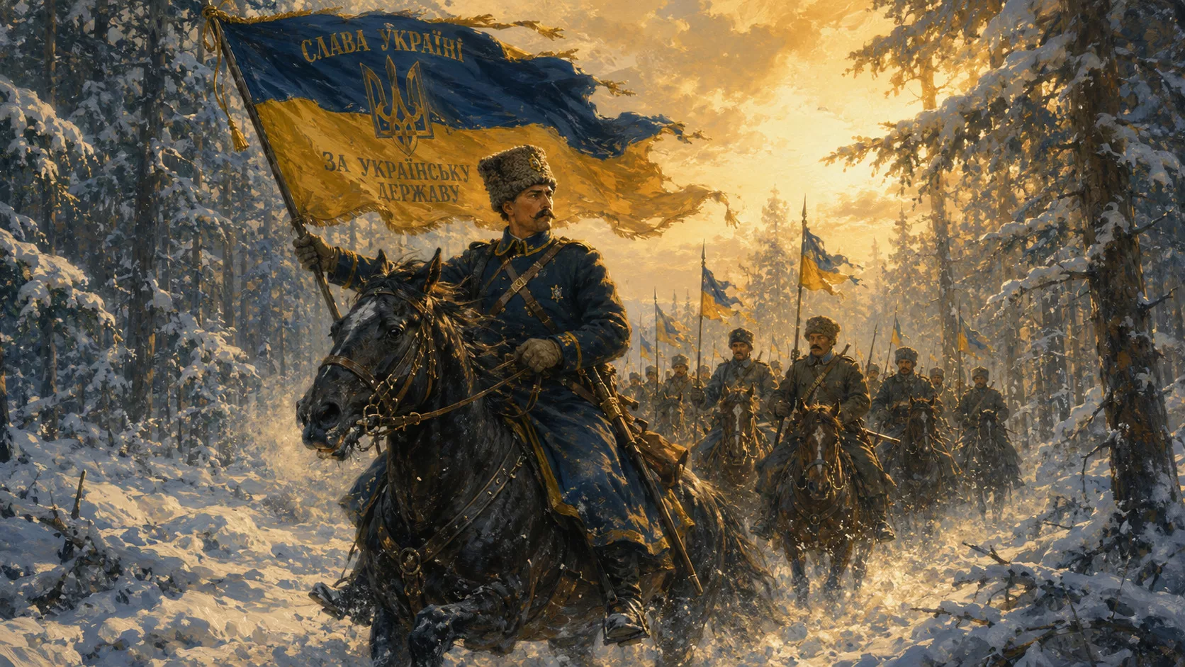 Хорунжий на коні з синьо-жовтим прапором веде козаків через сніговий ліс