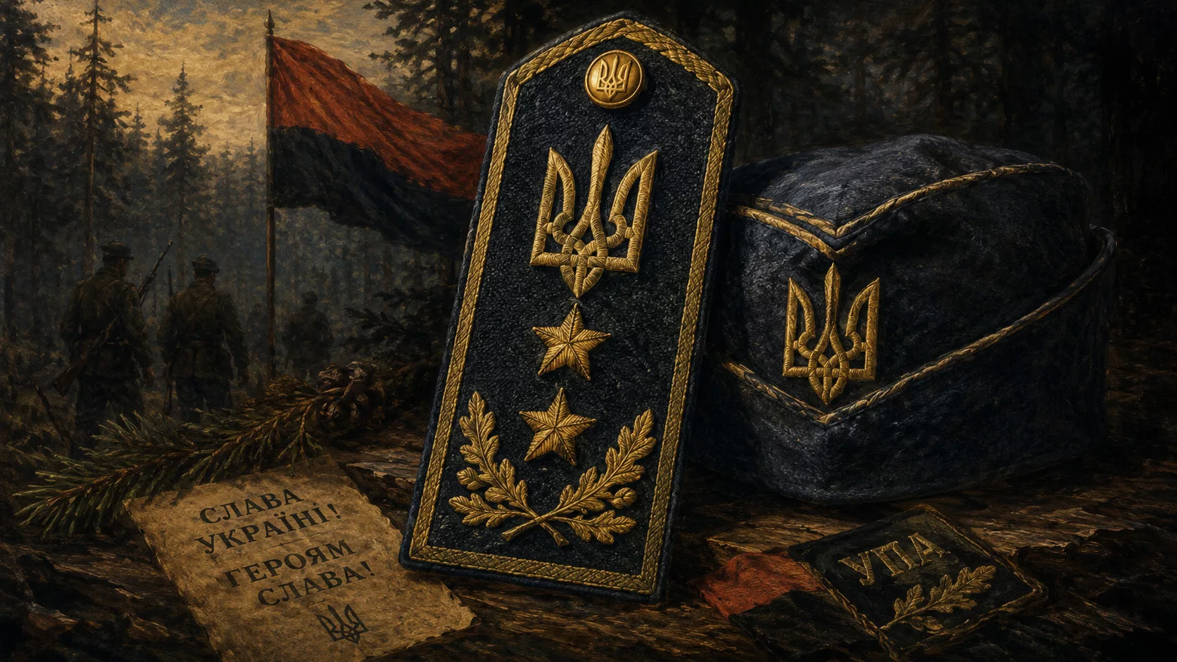 Нагрудна відзнака хорунжого УПА з тризубом і зірками на тлі лісу