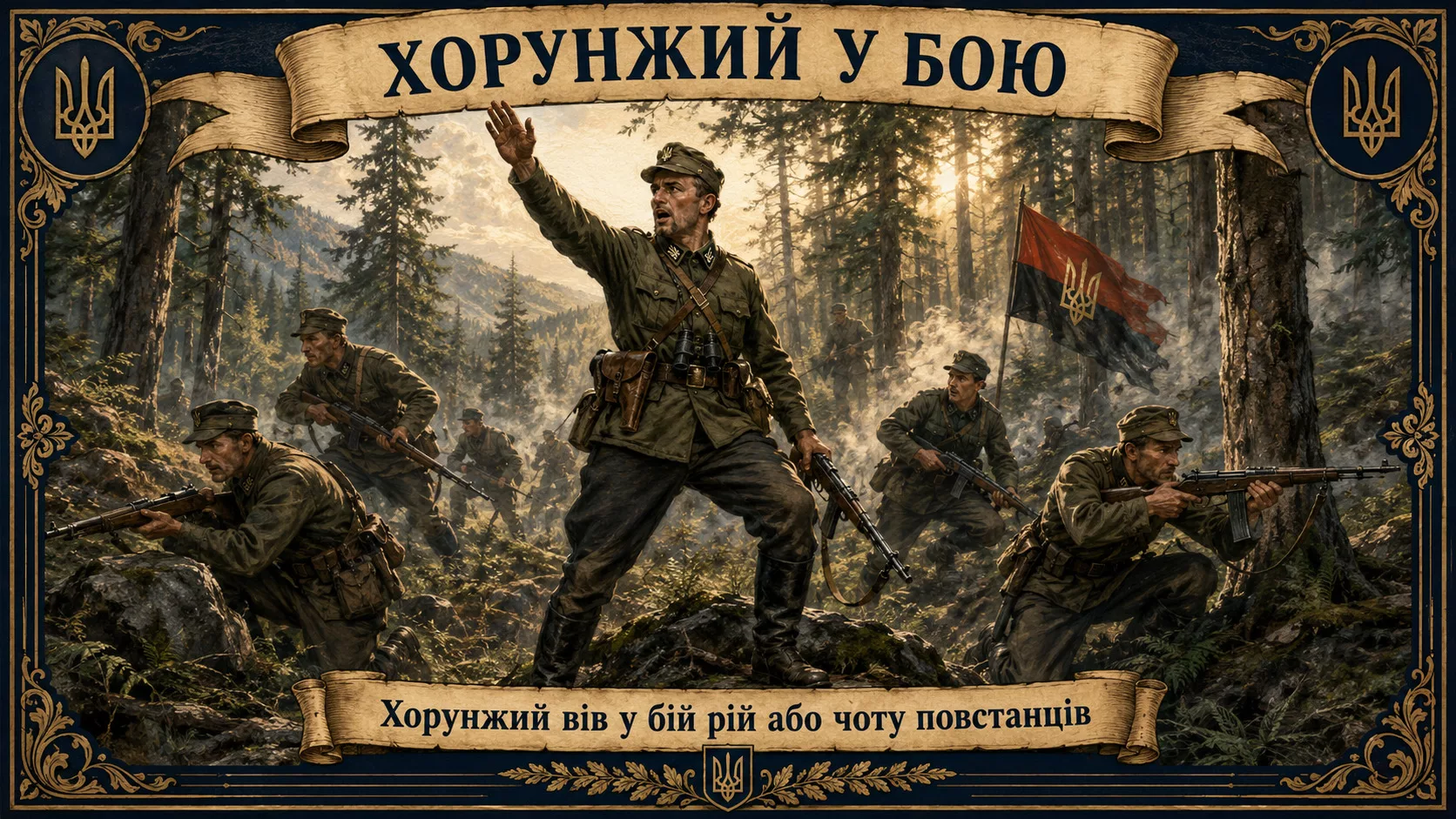 Хорунжий УПА веде відділ повстанців у бою