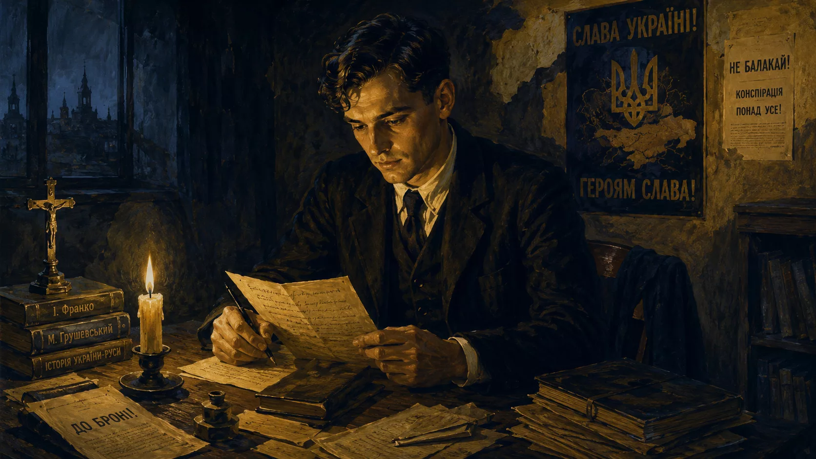 Молодий галицький підпільник 1930-х із документами в кімнаті