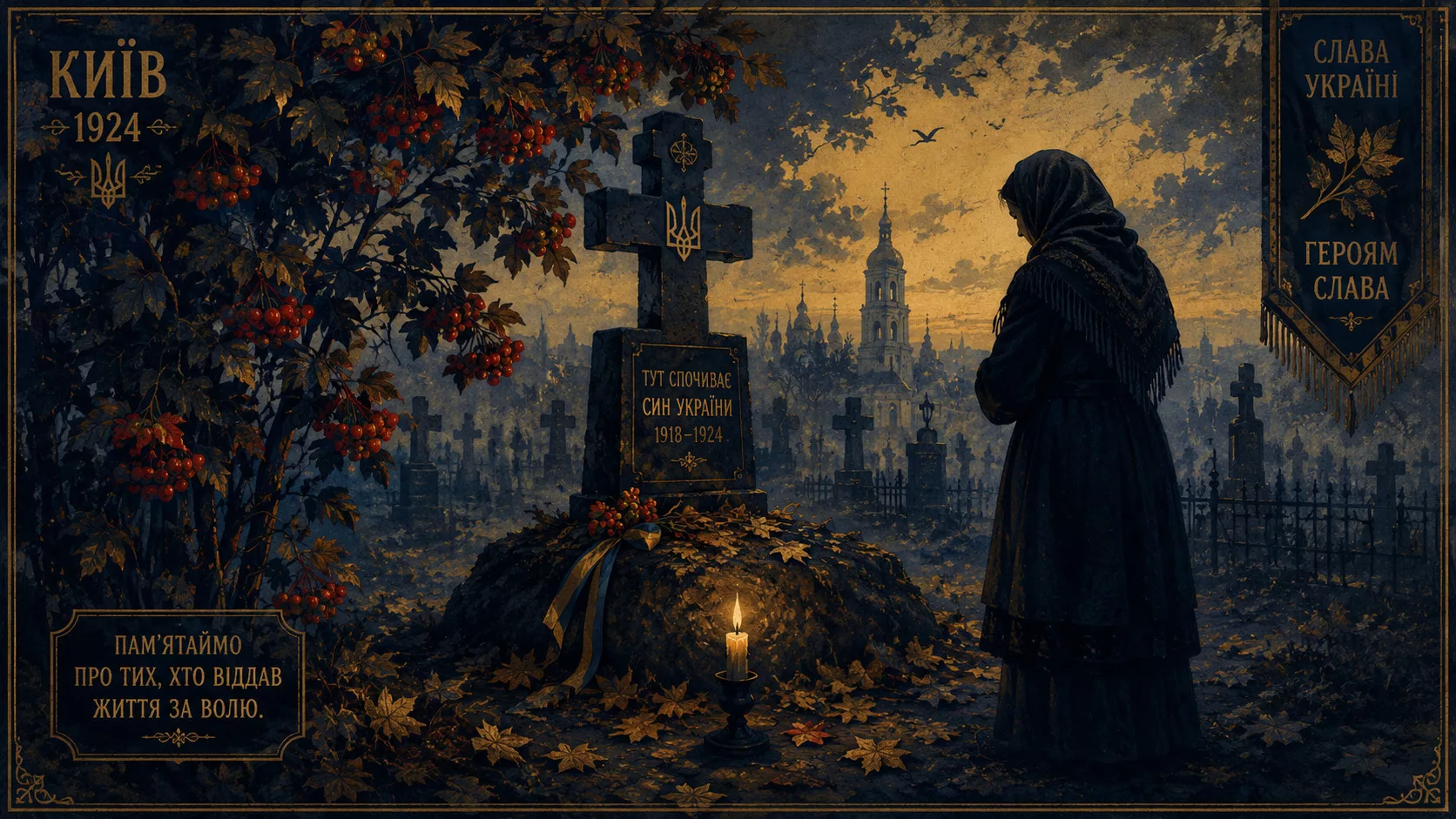Київське кладовище 1924: хрест з калиною, свічка, осіннє листя