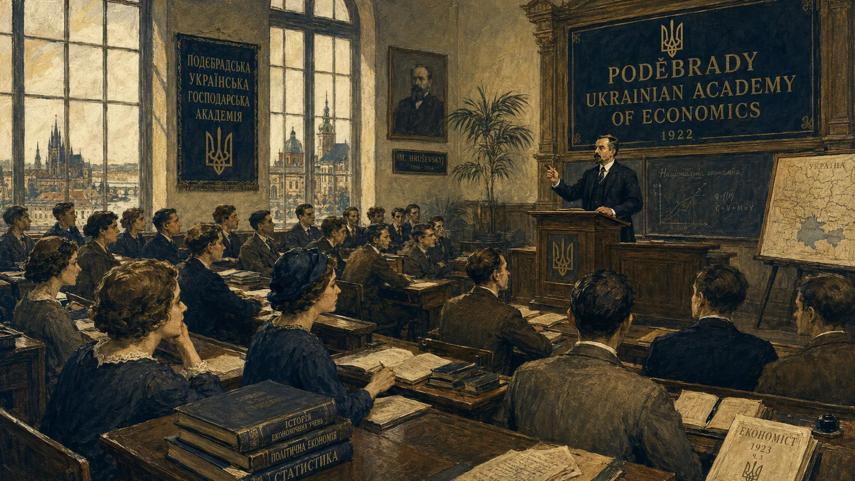 Українські студенти-емігранти у Подебрадах 1920-х на лекції