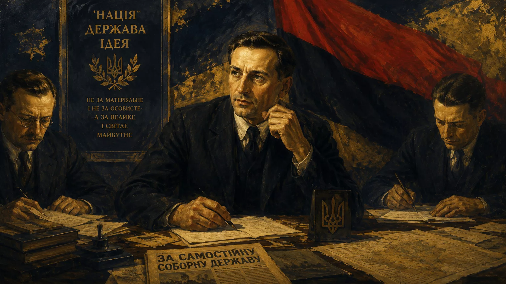 Портрет українського ідеолога 1930-х за столом, червоно-чорний прапор
