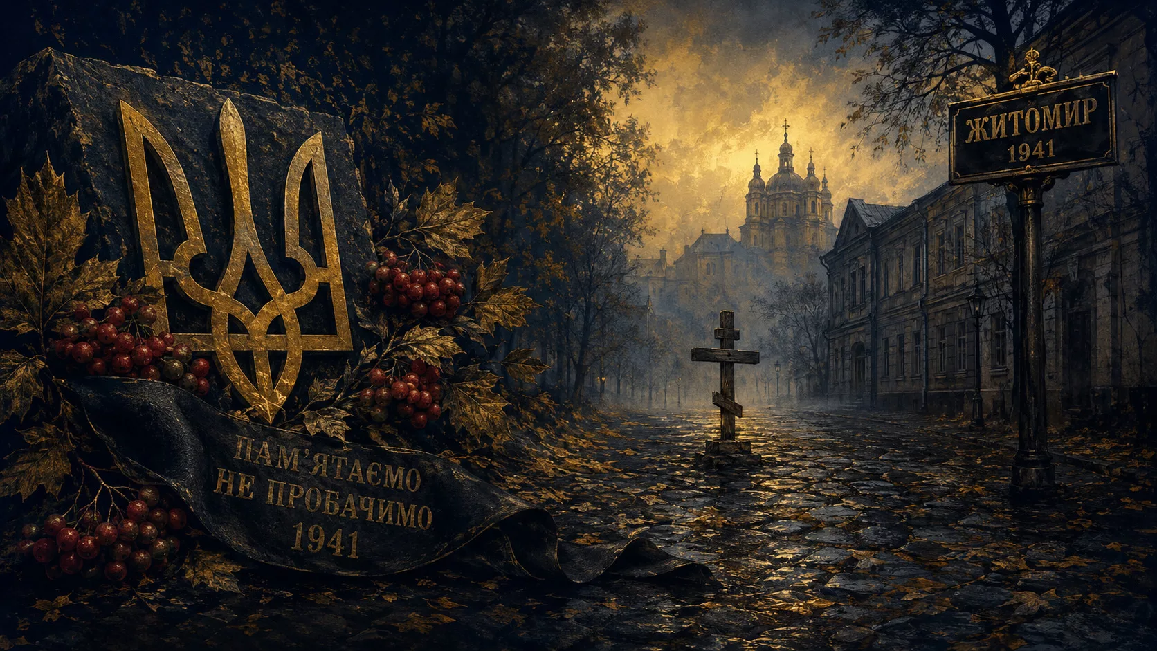 Меморіальна композиція: Житомир 1941, тризуб, калина, чорна стрічка