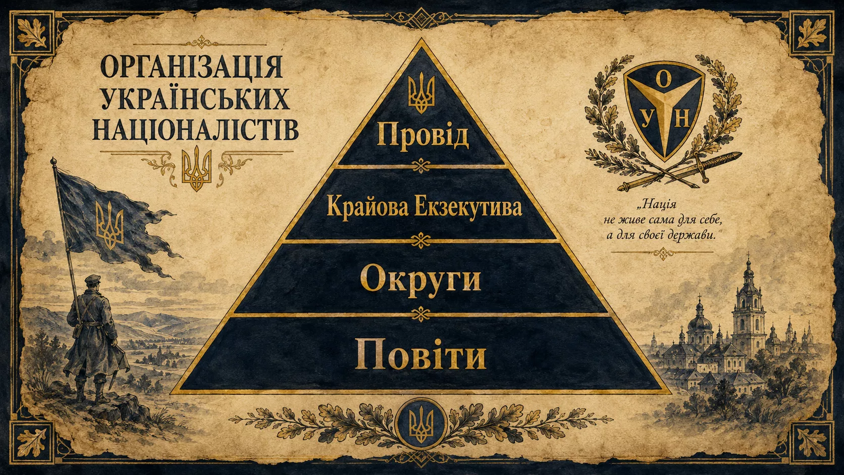 Організаційна схема ОУН: Провід, Крайова Екзекутива, Округи, Повіти