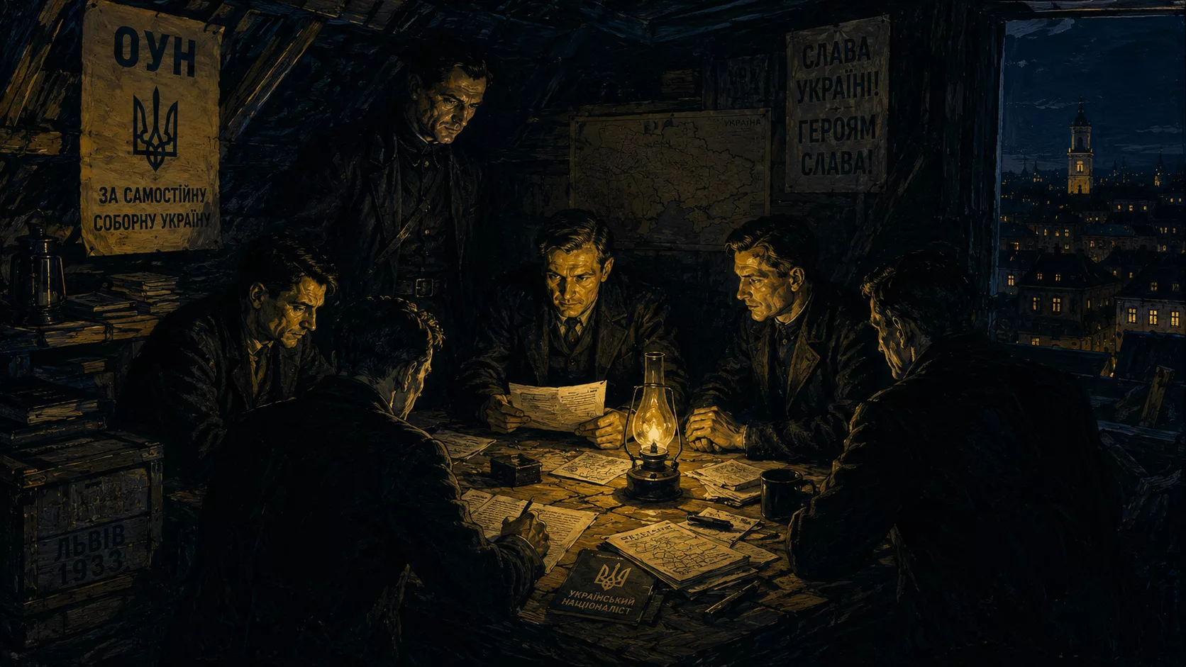 Підпільна нарада ОУН 1930-х: змовники при гасовій лампі