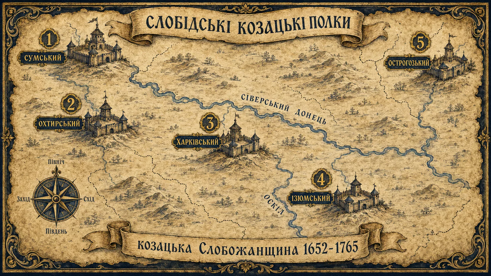 Мапа п'яти слобідських козацьких полків