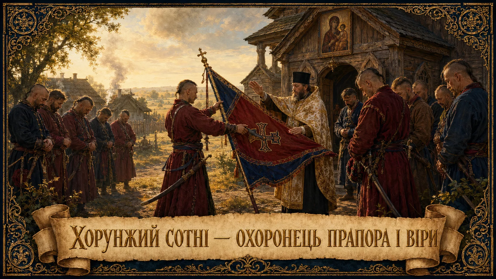 Сотенний хорунжий освячує хоругву
