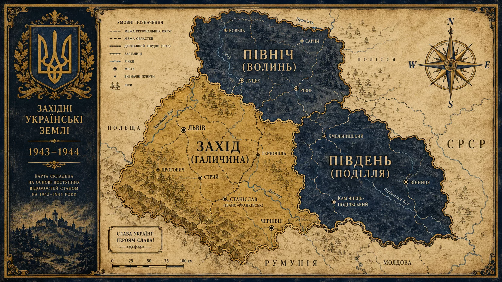 Мапа трьох оперативних округ УПА: Північ, Захід, Південь