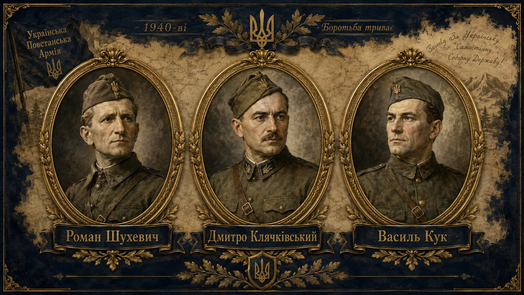 Командири УПА: Шухевич, Клячківський, Кук — портрети