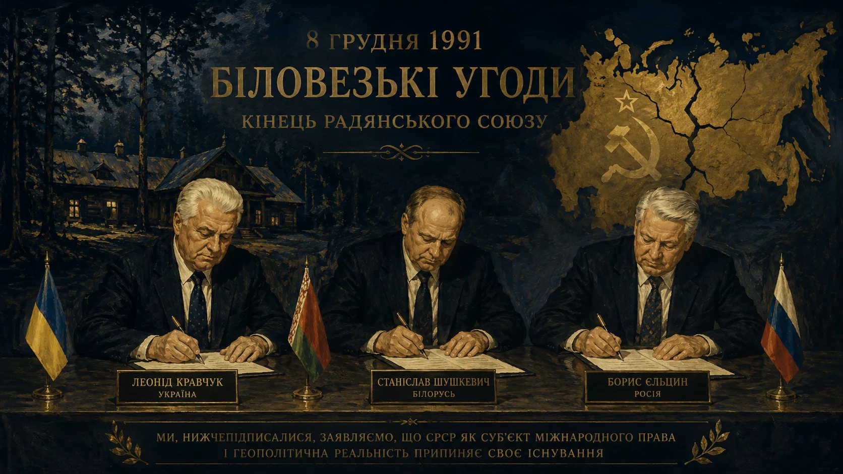Біловезькі угоди 8 грудня 1991: Кравчук, Шушкевич, Єльцин