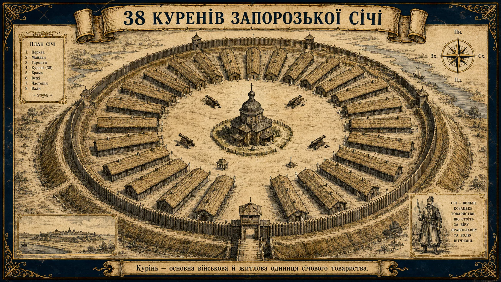 Структура 38 куренів Запорозької Січі