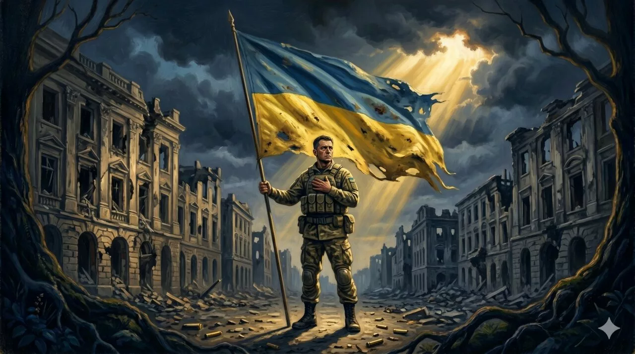 Український захисник із прапором на тлі незламного міста, 2022 рік
