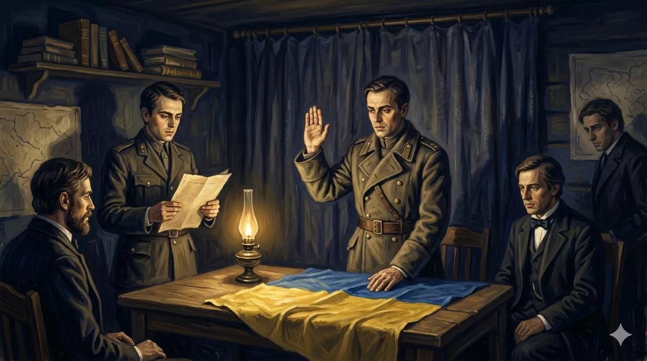 Офіцери підпілля складають присягу над прапором — УВО, 1920-ті