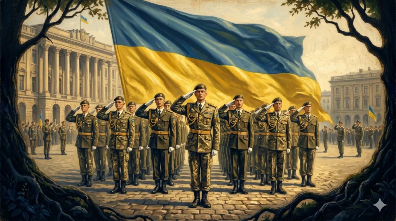 Українські воїни у строю віддають військове вітання під прапором